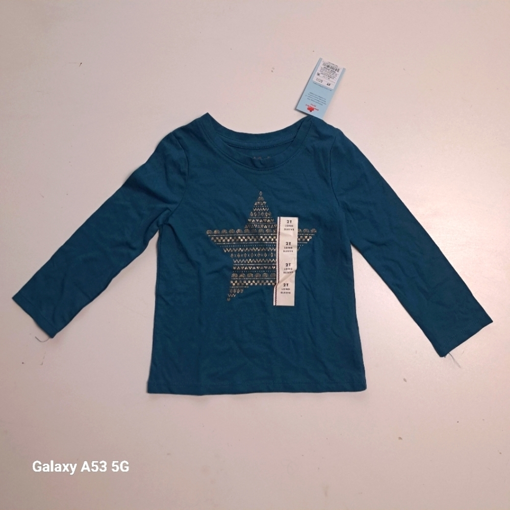 cat and‎ jack girls long sleeve shirt with glitter star Sz 2T. olive green